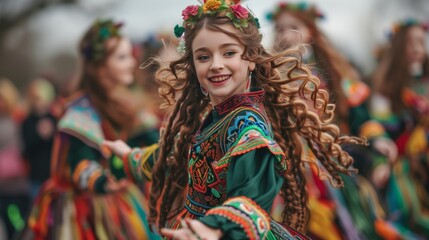 Fototapeta premium St. Patrick's Day. A joyful child dancing in a vibrant traditional costume during a St. Patrick's Day parade, embodying cultural celebration.