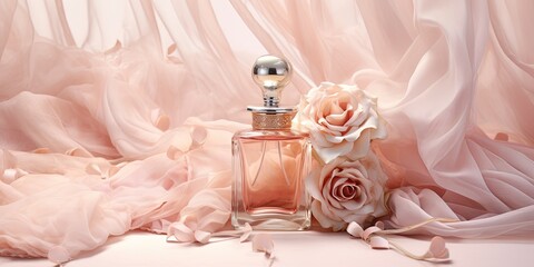 Luxurious perfume bottle encased in folds of soft pink silk fabric with pale roses