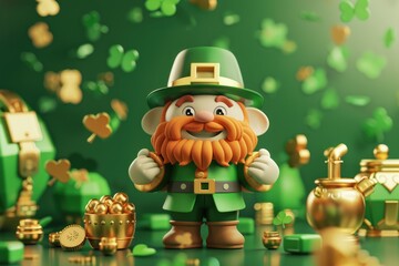 Saint Patrick's Day background with leprechaun, pot of gold and shamrock