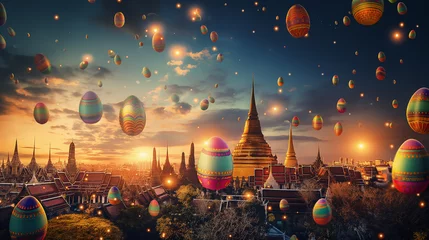 Papier Peint photo autocollant Lieu de culte Easter eggs falling from the sky in Thailand with ancient temples and the Chao Phraya River