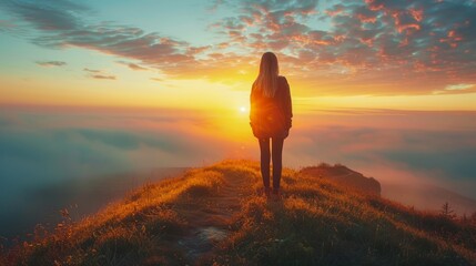 Solitary Woman Watching a Breathtaking Sunrise Over the Clouds on a Mountain Summit