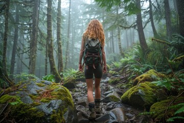 Solo Female Hiker Walking on Rocky Path in Misty Green Forest with Backpack, Adventure in Nature