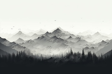 Drawing of mountains in black and white. Horizontal mountain landscape. Generative AI