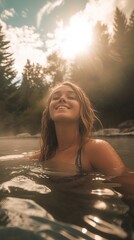 happy beautiful young caucasian woman relaxing in hot spring pool in the morning