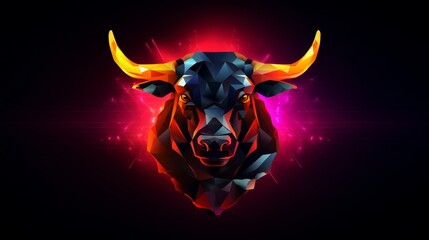 Neon red bull head animal art concept on dark background with copy space, creative banner design