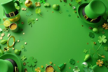 St. Patrick's Day green background with shamrock, pot of gold coins, green leprechaun hat and horseshoe