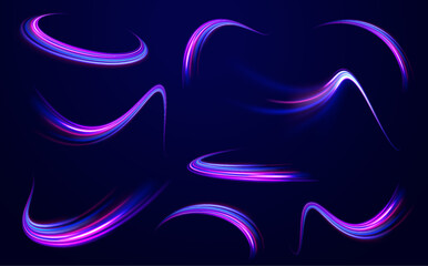 Big set of light neon lines in the form of swirl and spirals. Expressway in long delay, with car lights at night on autobahn. Vector glitter light fire flare trace.	