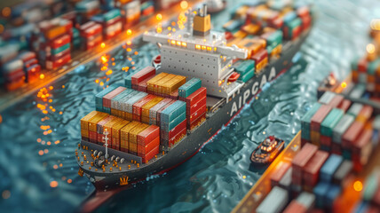 Obraz premium Cargo port illustration. Isometric projection. Big ship,generative ai