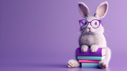 Cute Rabbit with Glasses Reading Books on Purple Minimalist Background