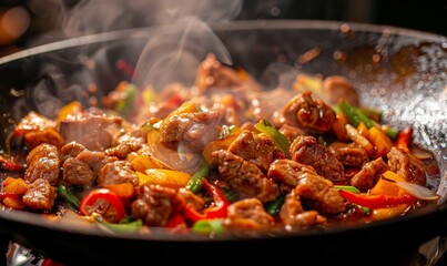 Stir fry meat and vegetables cooking in wok, flying ingredients. Chinese recipes. Wok preparation ingredients