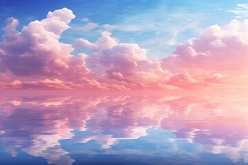 a pink and blue sky with clouds reflected in water
