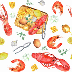 Seafood seamless pattern. Crawfish Boil, Shrimps, Seafood Fish, Kitchen Illustration, digital paper, printable poster.   Hand painted in watercolor.