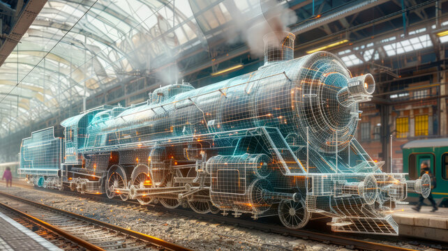 vintage steam train blue wireframe blue prints, old train wireframe standing on the station,generative ai