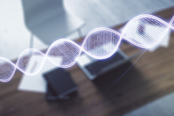 Creative light DNA illustration and modern desktop with pc on background, science and biology...