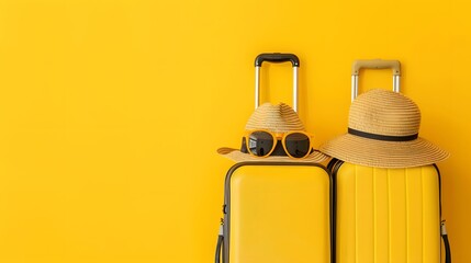 two travel suitcase with glasses and cap and yellow backgrond.