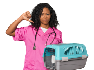 African American vet with pet carrier feels proud and self confident, example to follow.