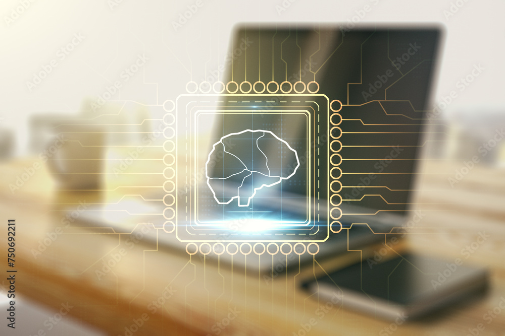 Poster double exposure of creative artificial intelligence symbol and modern desktop with laptop on backgro