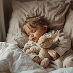 Carefree sleep little baby with a soft toy on the bed  ai technology