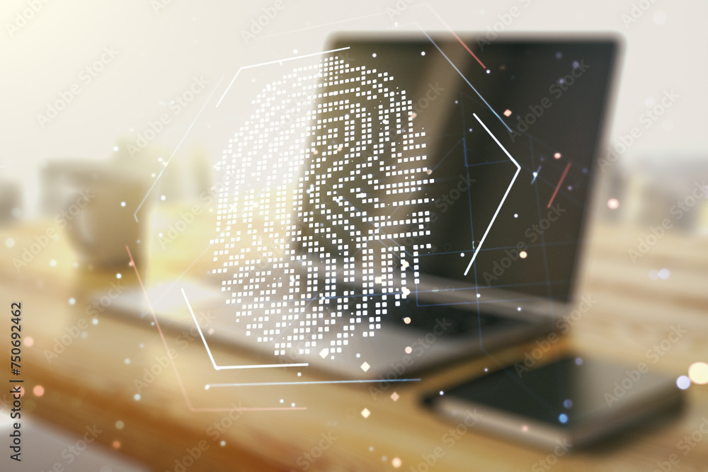 Poster double exposure of abstract creative fingerprint hologram and modern desktop with laptop on backgrou