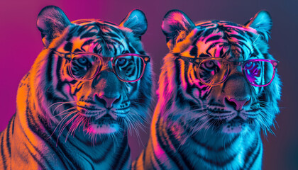 Neon Tigers with Glasses