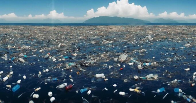 Animated background moving slowly horizontally for infinite loop - Plastic pollution in ocean .