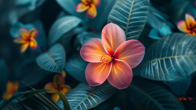 colorful flower on dark tropical foliage nature background.generative ai