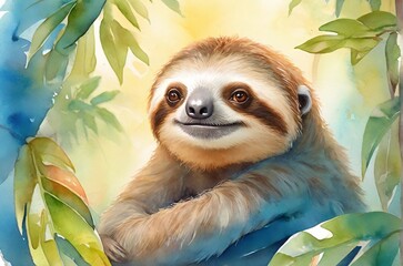 Watercolor illustration of Cute sloth in the rainforest on soft sunny background. AI generated