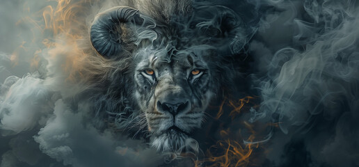 Mystical Lion with Horns Amidst Smoke - obrazy, fototapety, plakaty