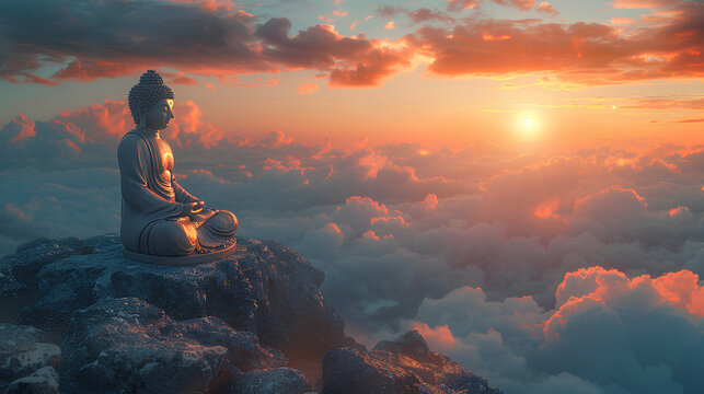 Buddha statue praying above the clouds with a clear sky