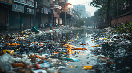 Urban street scene during flood littered with trash washed street of pollution in city.