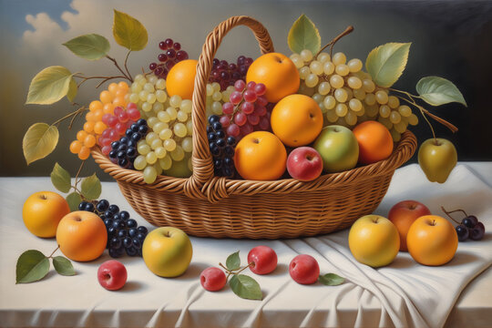 Hyper-Detailed Oil Painting: A Bountiful Basket of Fruit  - Generative AI