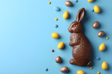 Chocolate easter bunny, eggs and candies on pastel blue background. Delicious Easter holiday sweets for egg hunt. Greeting card, banner, flyer with copy space. Flat lay, top view