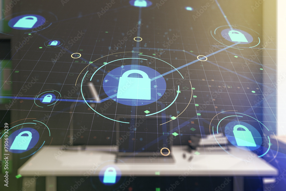 Poster creative lock sketch with chip hologram and modern desk with computer on background, protection of p