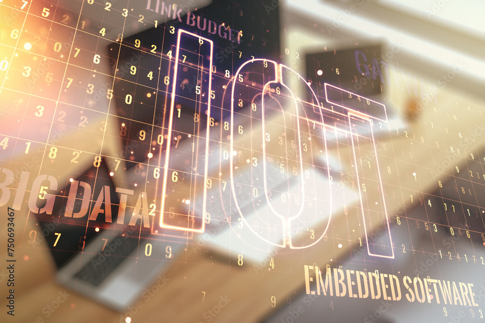 Poster Creative IOT concept and modern desktop with computer on background. Multiexposure