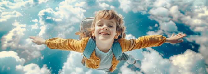 Happy, smiling kid, ready for school day, dressed in trendy pastel clothes, flying through sky...