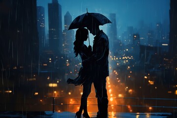couples kissing in rain over the city