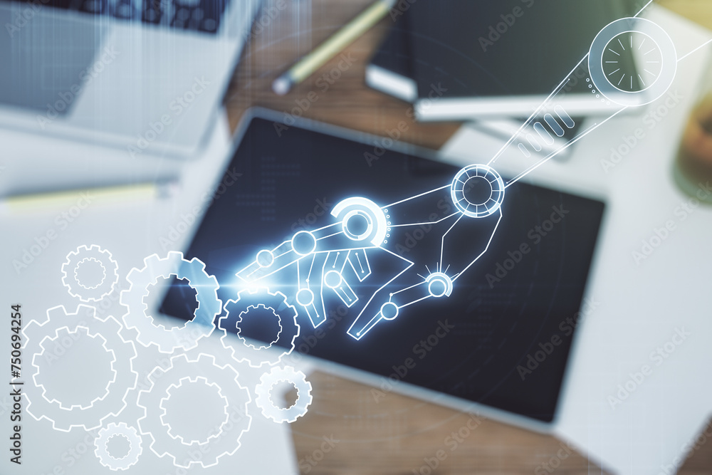 Leinwandbilder creative abstract robotics technology hologram and modern digital tablet on desktop on background, t