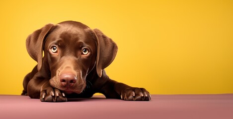 Un chien de race labrador, sur fond jaune, image avec espace pour texte. - obrazy, fototapety, plakaty