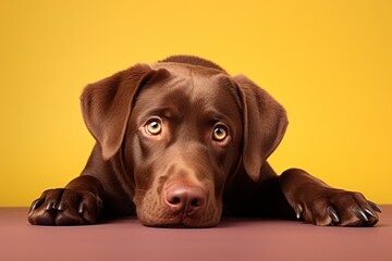 Un chien de race labrador, sur fond jaune.