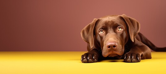 Un chien de race labrador, sur fond marron et jaune, image avec espace pour texte.