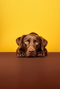 Un chien de race labrador, sur fond marron et jaune, image avec espace pour texte.