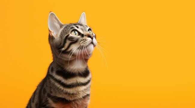 Un chat tigr&eacute; regardant vers le haut, sur un fond orange, image avec espace pour texte.