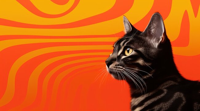 Un chat tigré regardant, sur un fond orange et rouge, image avec espace pour texte.