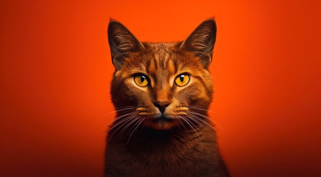 La tête d'un chat roux regardant, sur un fond rouge, image avec espace pour texte.