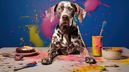 Un chien couvert de peintures colorées, regardant devant lui, taches et éclaboussures. - obrazy, fototapety, plakaty