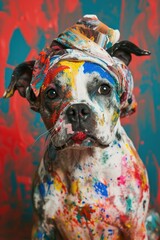 Un chien couvert de peintures colorées, regardant devant lui, taches et éclaboussures.