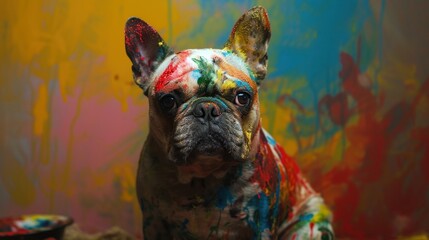 Un chien couvert de peintures colorées, regardant devant lui, taches et éclaboussures.