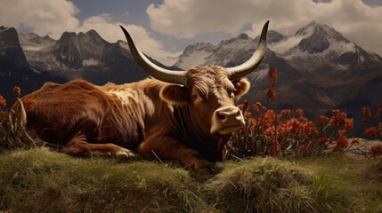 Une vache à longues cornes, couchée dans l'herbe, montagnes en arrière-plan. - obrazy, fototapety, plakaty