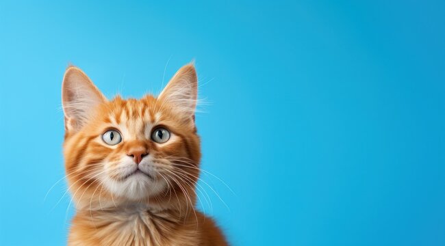 Un chat roux regardant vers le haut, sur un fond bleu, image avec espace pour texte.