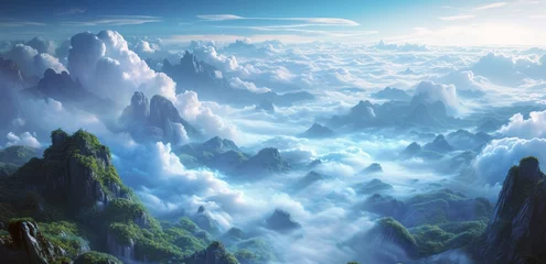 Rolgordijnen Une illustration d'un paysage montagneux, au dessus des nuages. © David Giraud